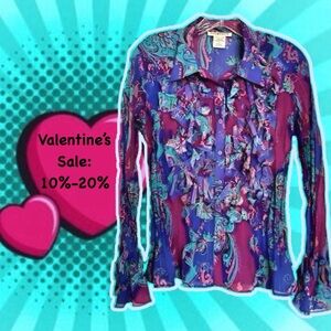 💜Sale! Vintage Purple Crinkle Fringe Appliqué Metallic Thread Sheer Blouse M